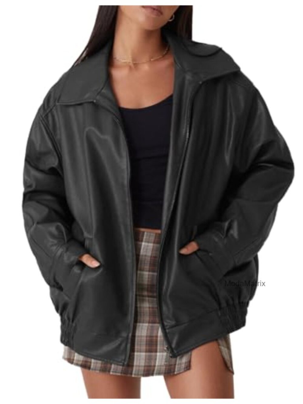 Womens Oversized Faux Leather Moto Jacket Zip Up Long Sleeve Coat with Pockets